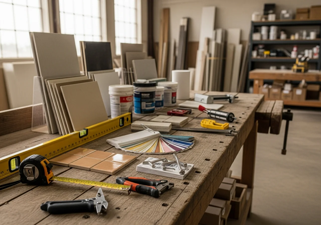 Contractor tools and materials arranged on a work surface, representing the skilled trades and craftsmanship behind home renovation projects.