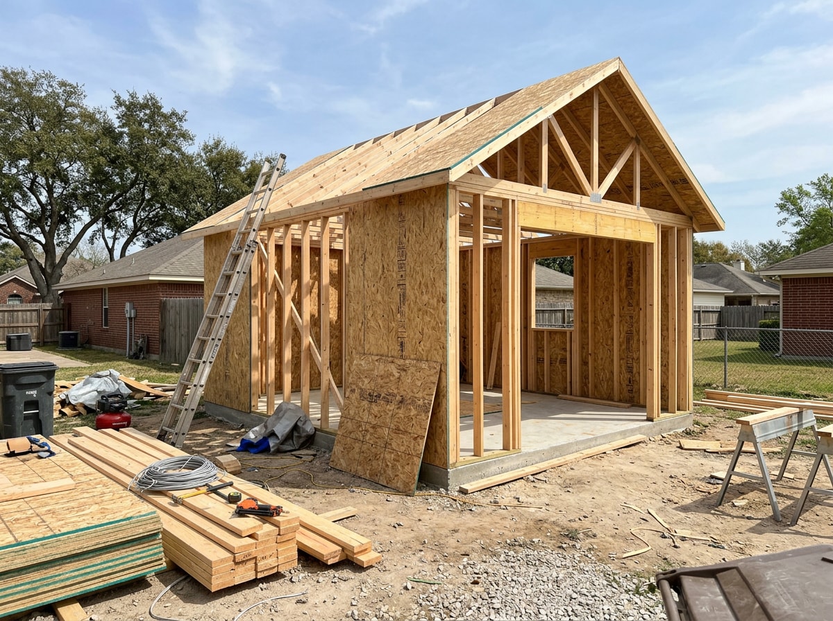 Backyard ADU guest house under construction on a Calallen, TX residential lot
