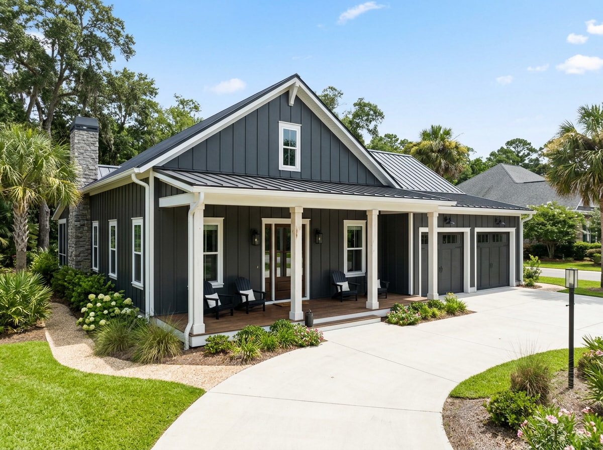 Finished barndominium home with metal siding and covered porch near Calallen, TX