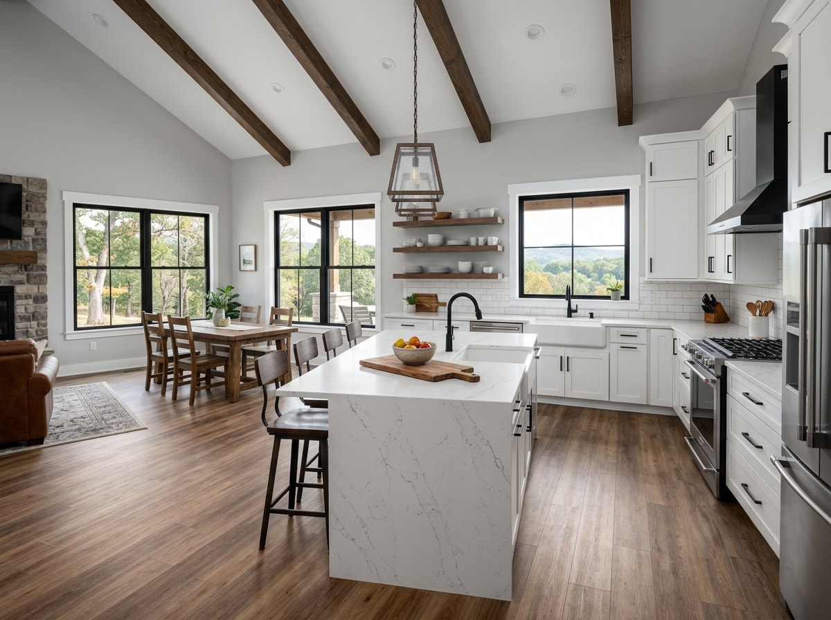 Interior kitchen finish-out with new cabinets and flooring inside a barndominium-style home