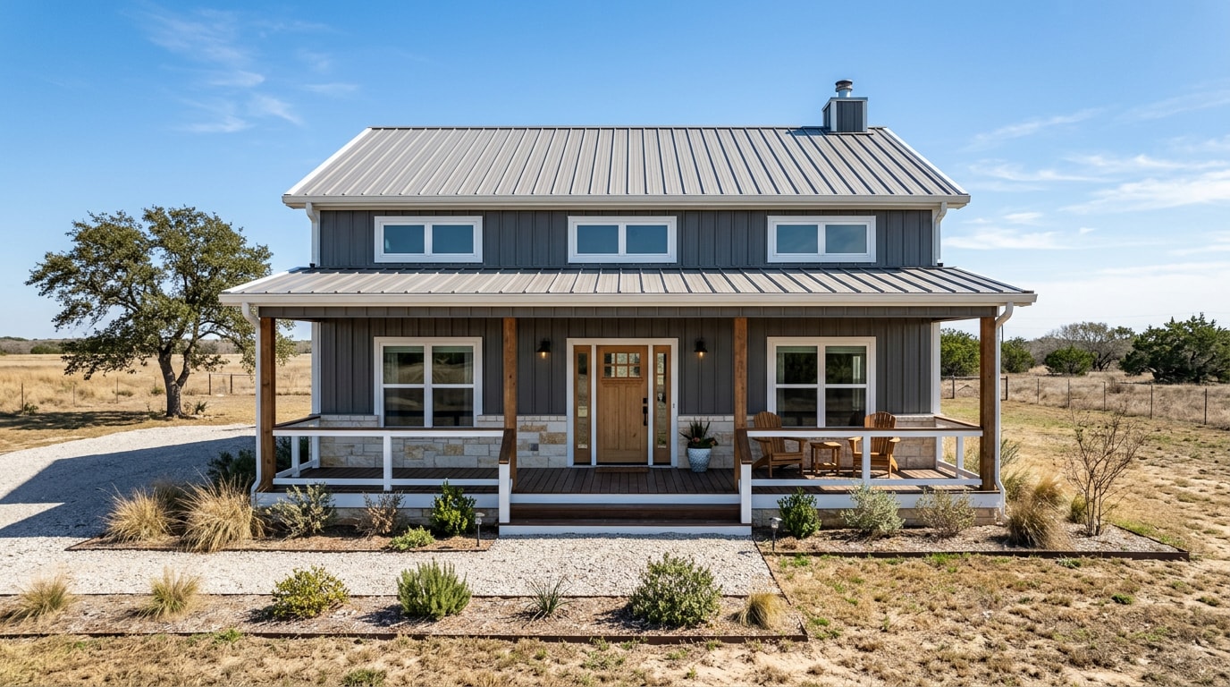 Modern barndominium home with metal siding under a clear sky near Calallen, TX Modern barndominium home with metal siding under a clear sky near Calallen, TX