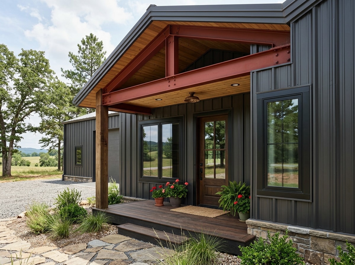 Finished barndominium exterior with metal siding and covered entry in Corpus Christi, TX