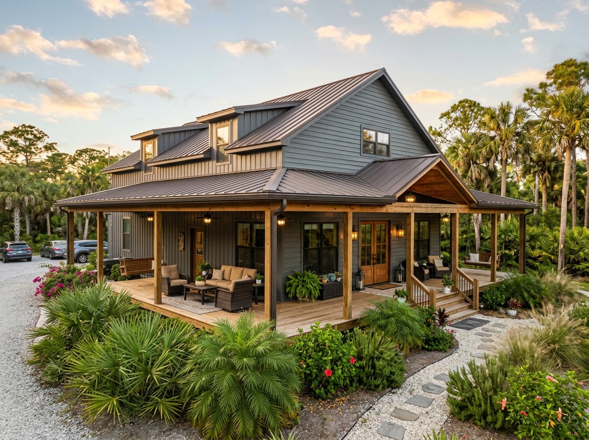 Barndominium with covered wraparound porch designed for Gulf Coast outdoor living