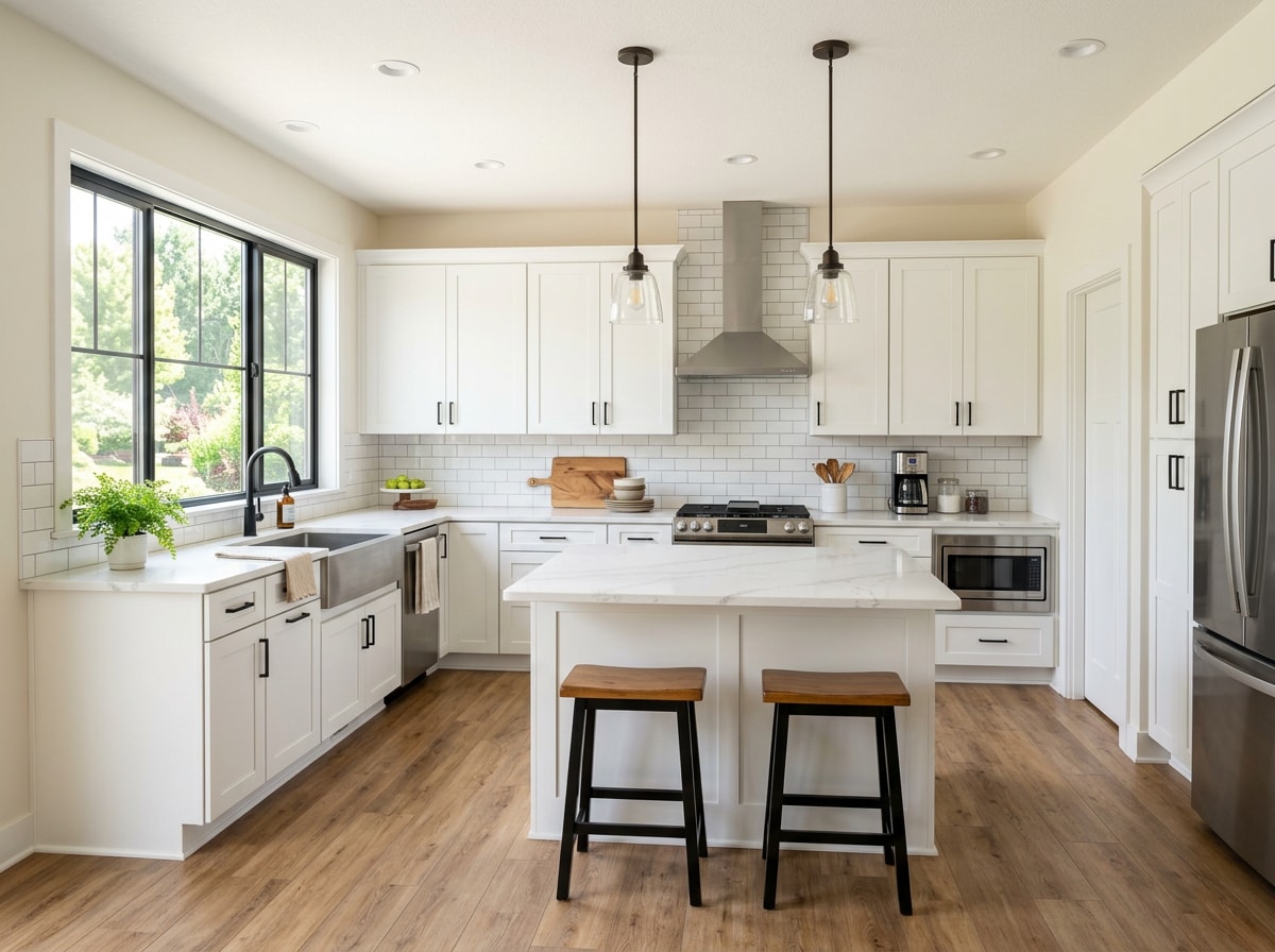 Finished kitchen remodel with new cabinets, countertops, and flooring in a Calallen, TX home