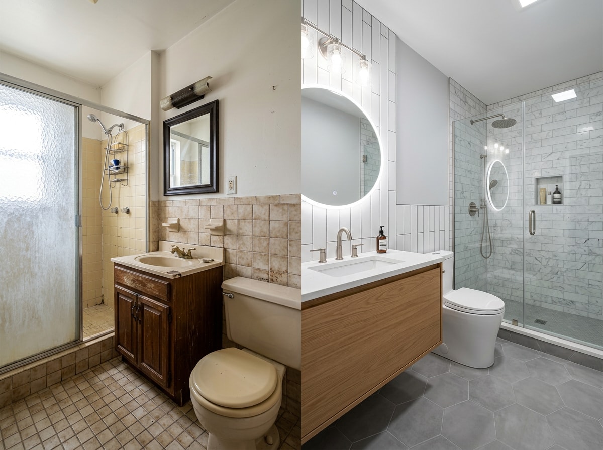 Before-and-after view of a renovated bathroom with new tile flooring and fixtures