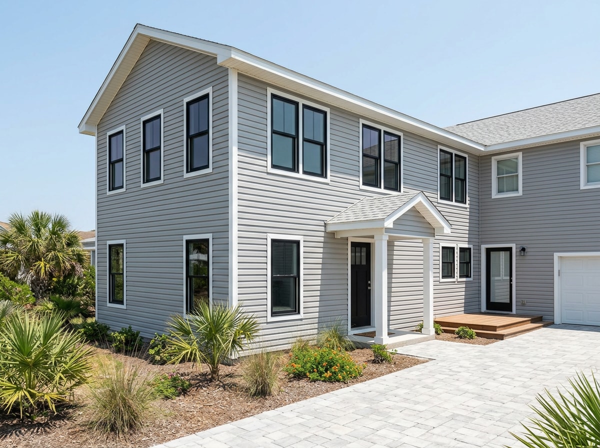 Exterior view of a completed home addition with new siding and windows in a coastal Texas neighborhood