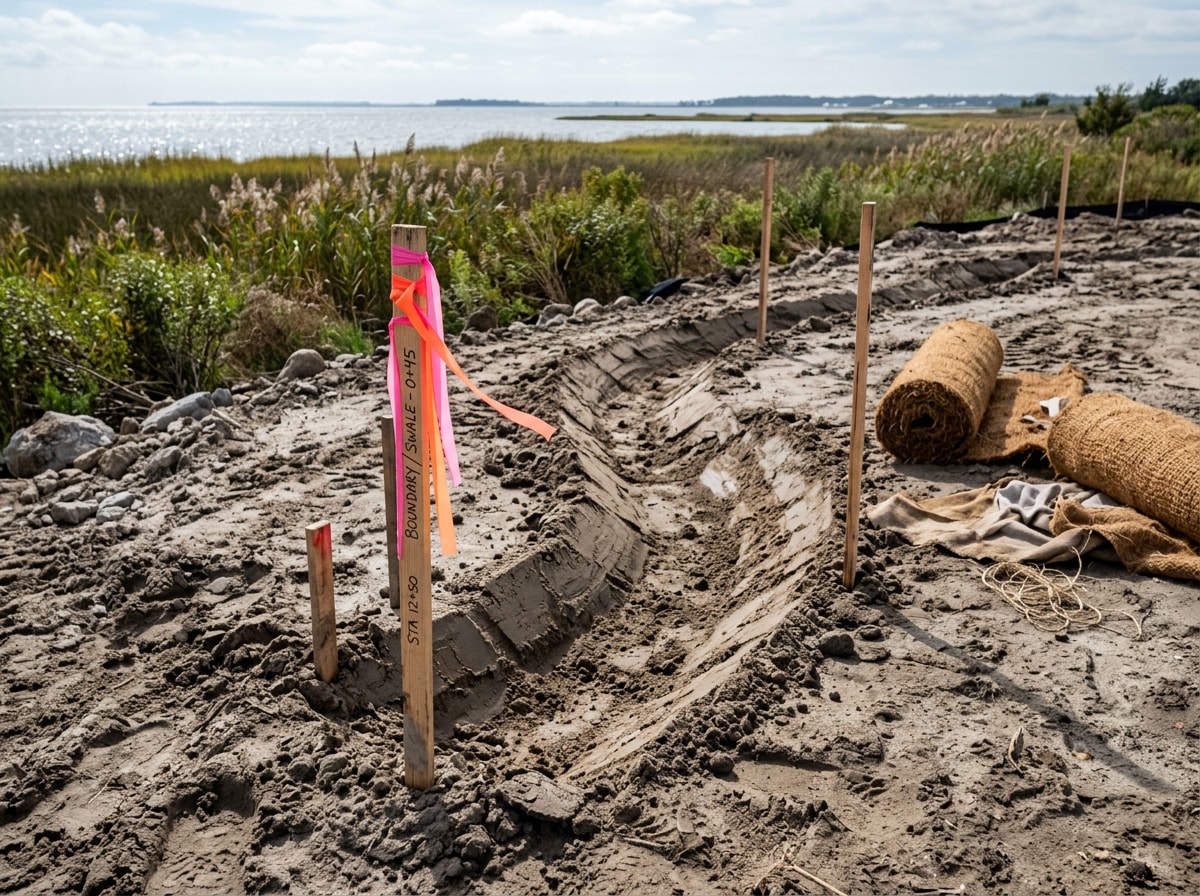 Graded coastal lot with drainage swale and survey stakes ready for construction in Portland, TX