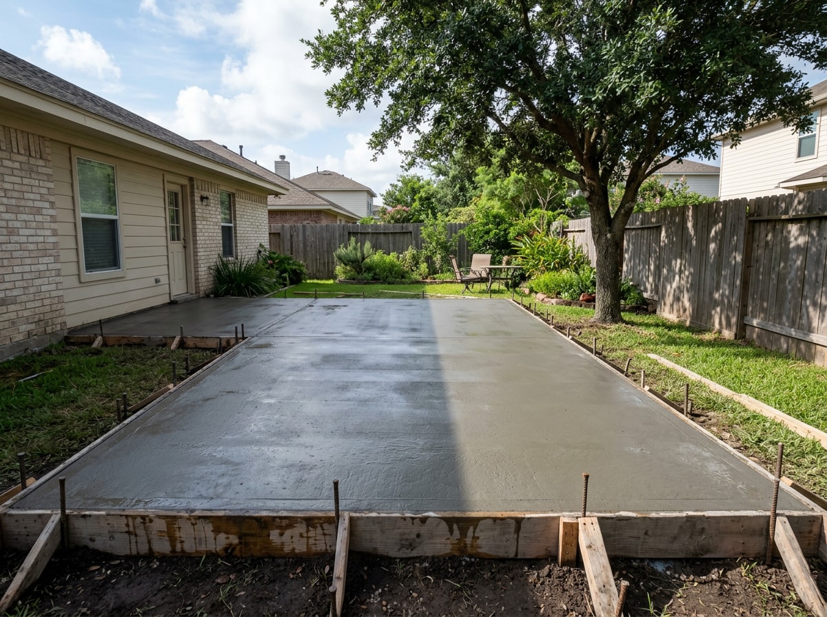 Freshly poured concrete patio slab with form boards in a Flour Bluff backyard