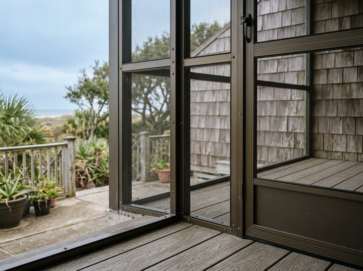 Aluminum-framed screened porch enclosure on a coastal Flour Bluff, TX home with composite decking