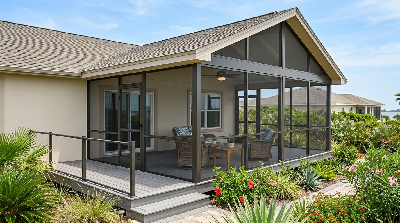 Finished enclosed porch with aluminum screen framing and composite decking on a Flour Bluff, TX home