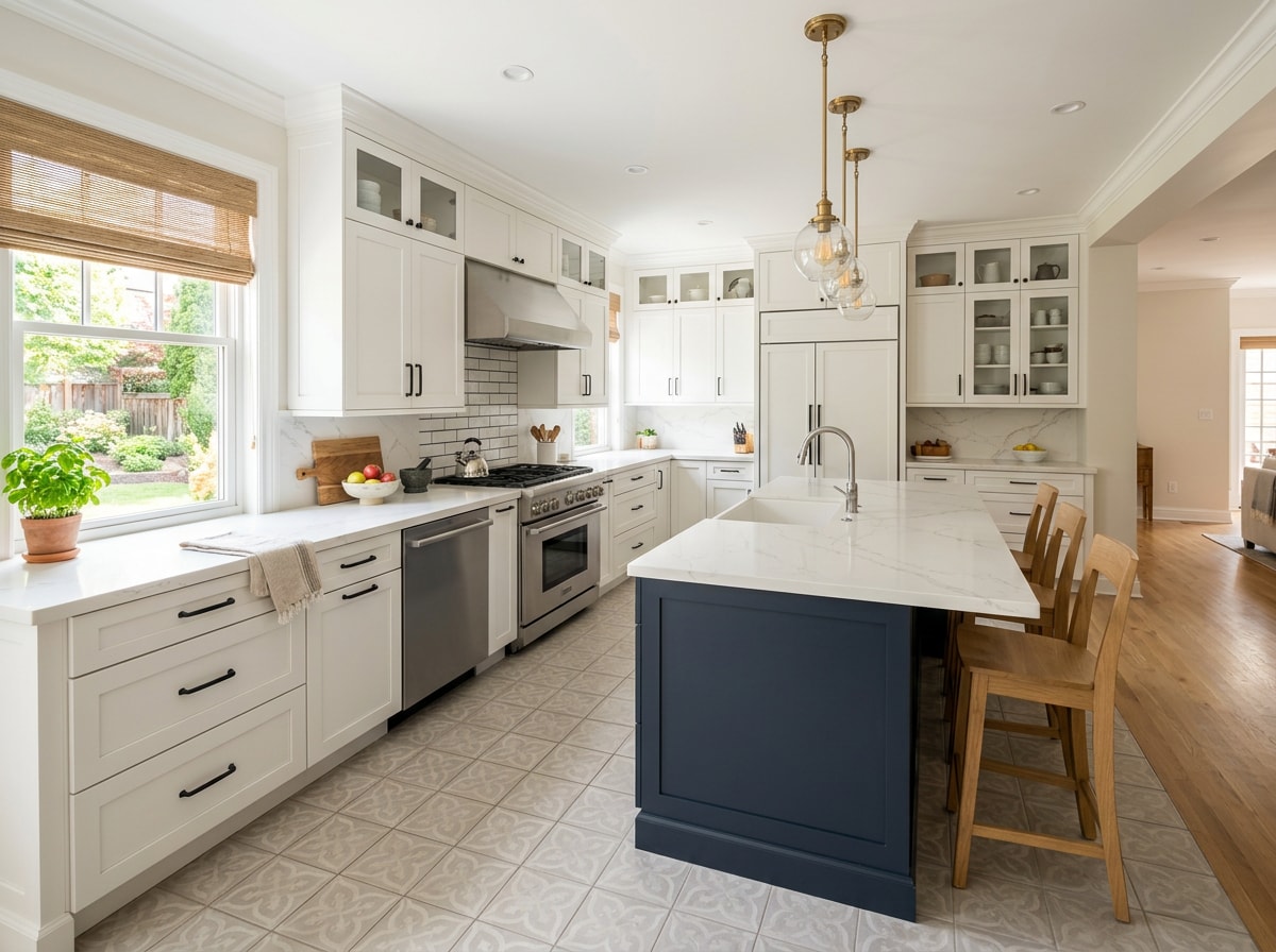 Remodeled kitchen in a Portland, TX home with new cabinets, countertops, and island
