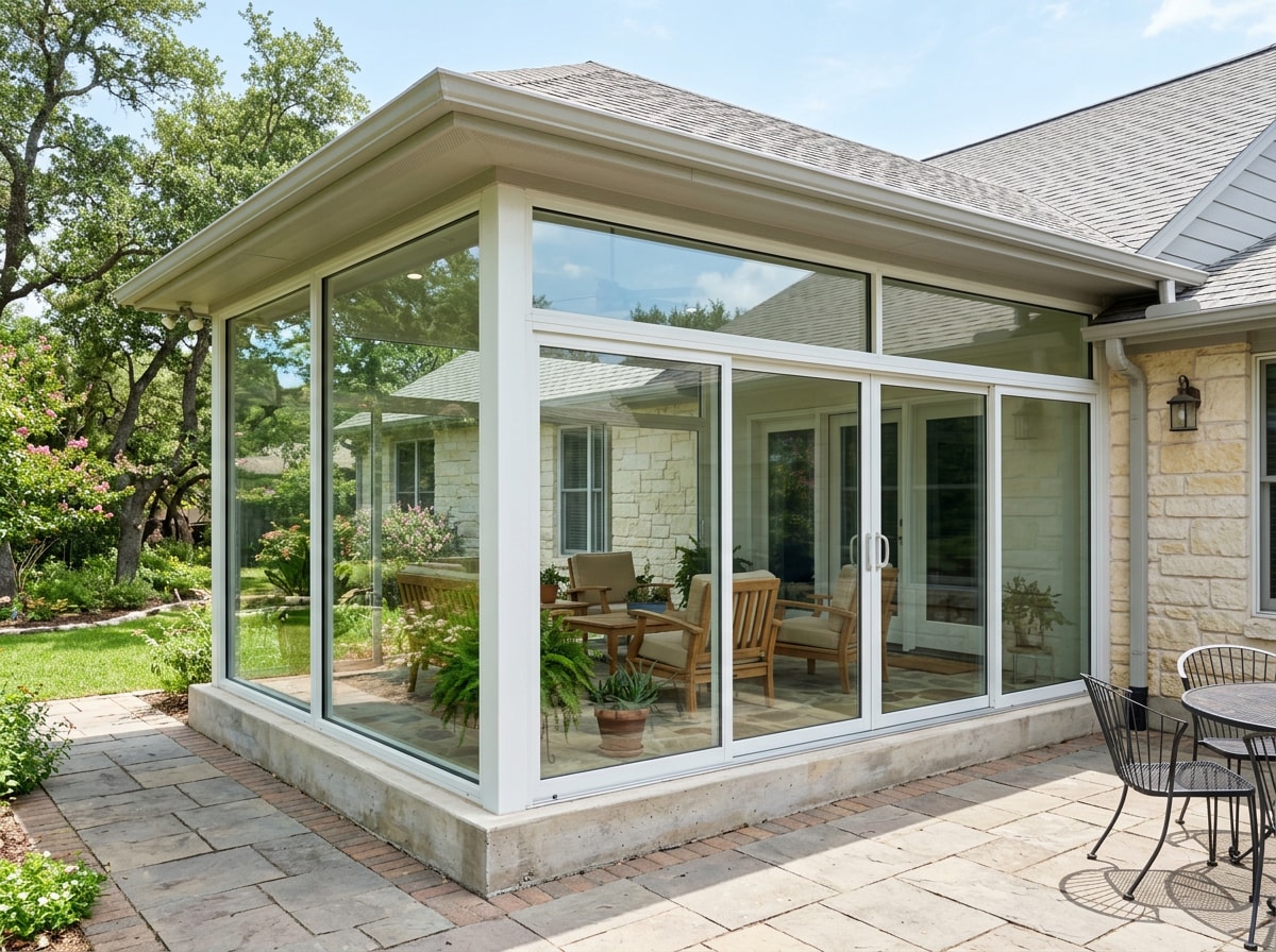 Finished glass room extension addition attached to a Texas Gulf Coast home with floor-to-ceiling windows