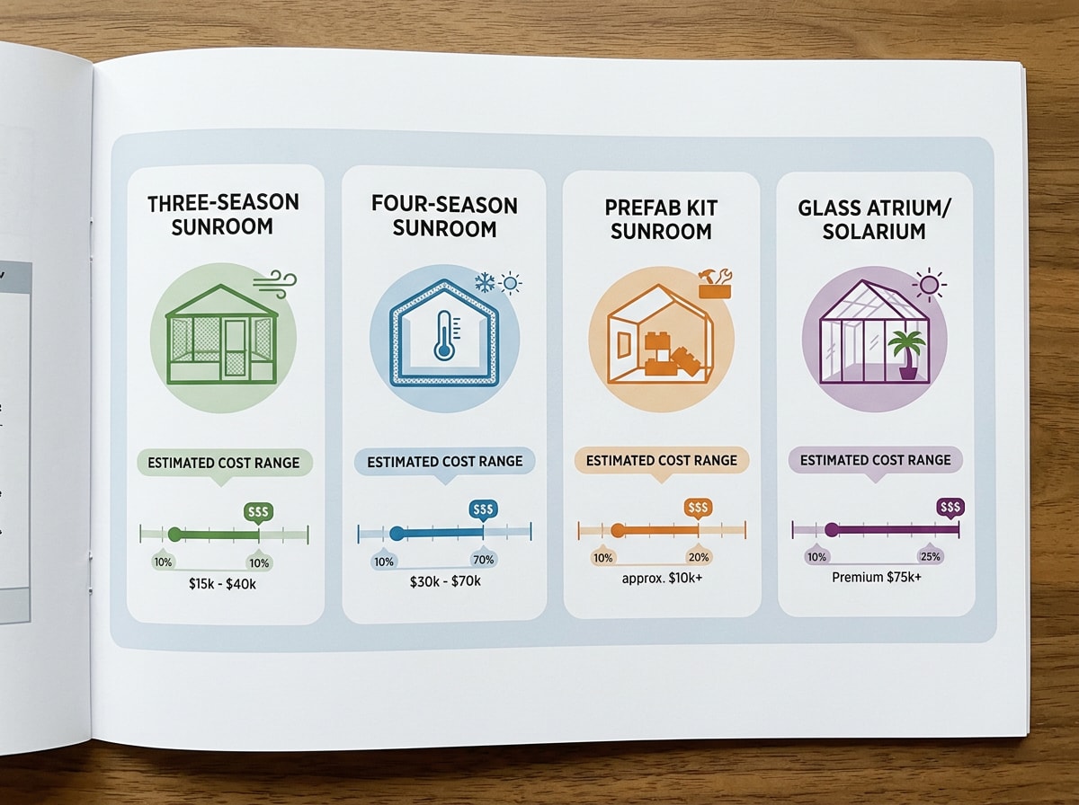 Comparison graphic showing cost ranges for three-season, four-season, prefab, and glass-atrium sunroom types