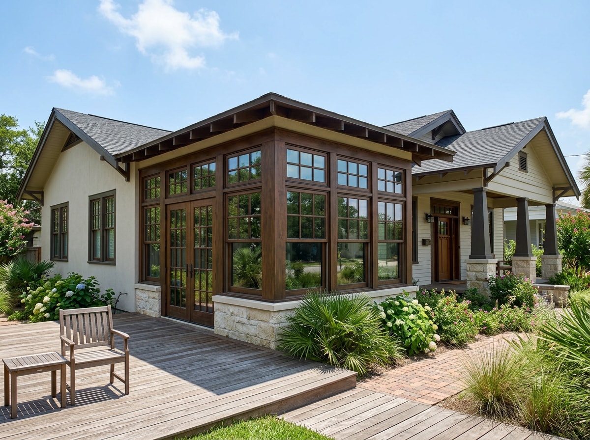 Craftsman-style glass room addition with divided-light windows on a one-story Texas Gulf Coast home