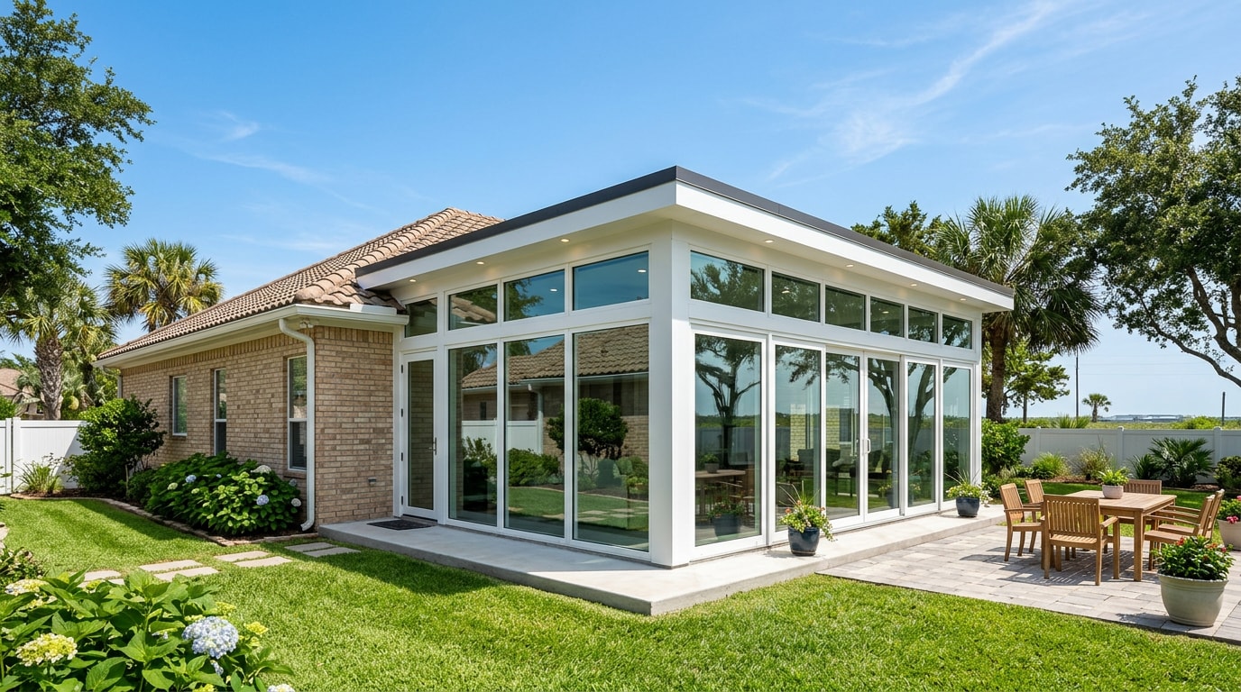 Finished glass room extension on a Texas Gulf Coast home Finished glass room extension on a Texas Gulf Coast home