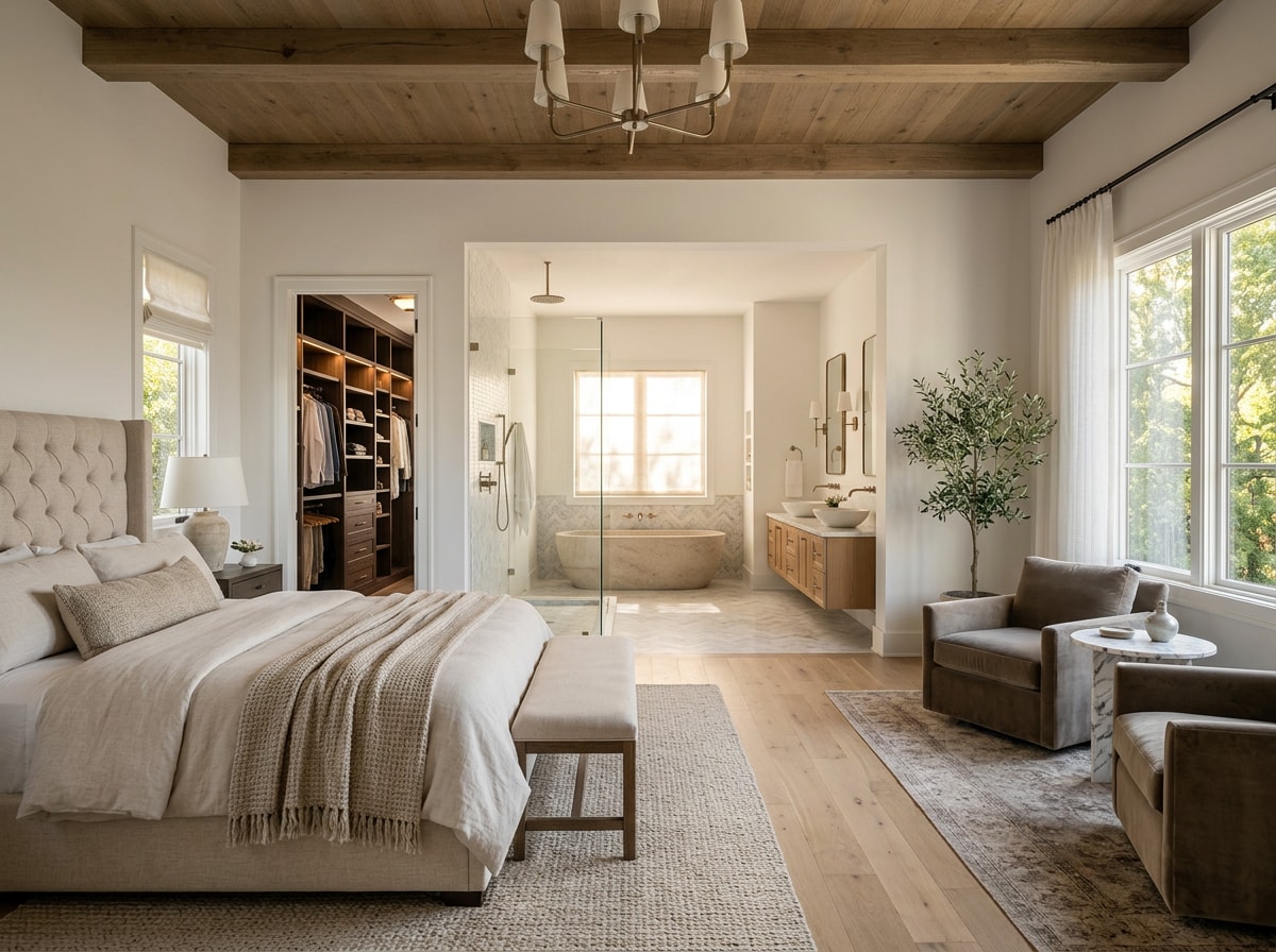 Luxury primary suite addition with spa-style bathroom and walk-in closet