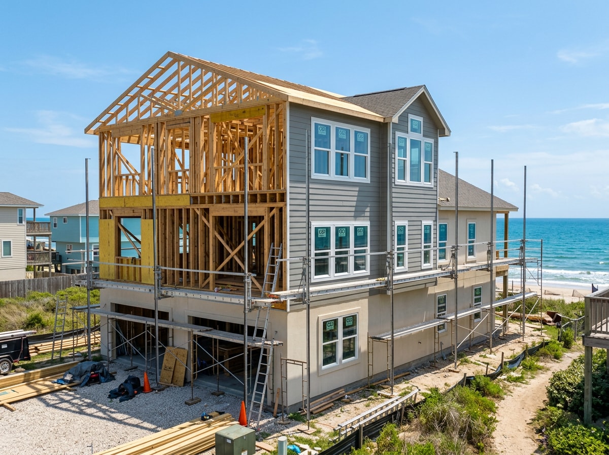 Second-story home addition under construction with impact-rated windows installed