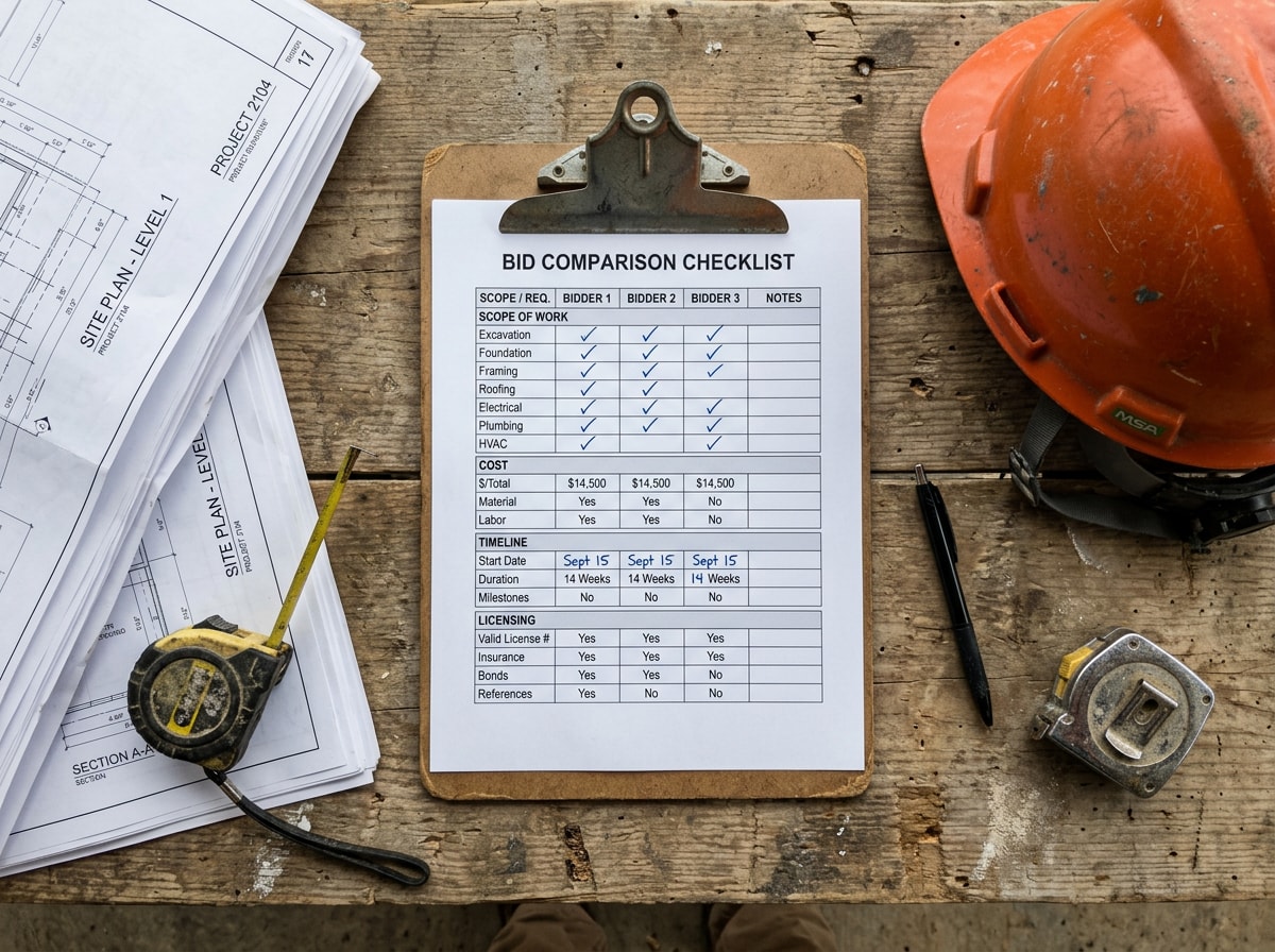 Simple bid comparison checklist table for evaluating Corpus Christi general contractor proposals