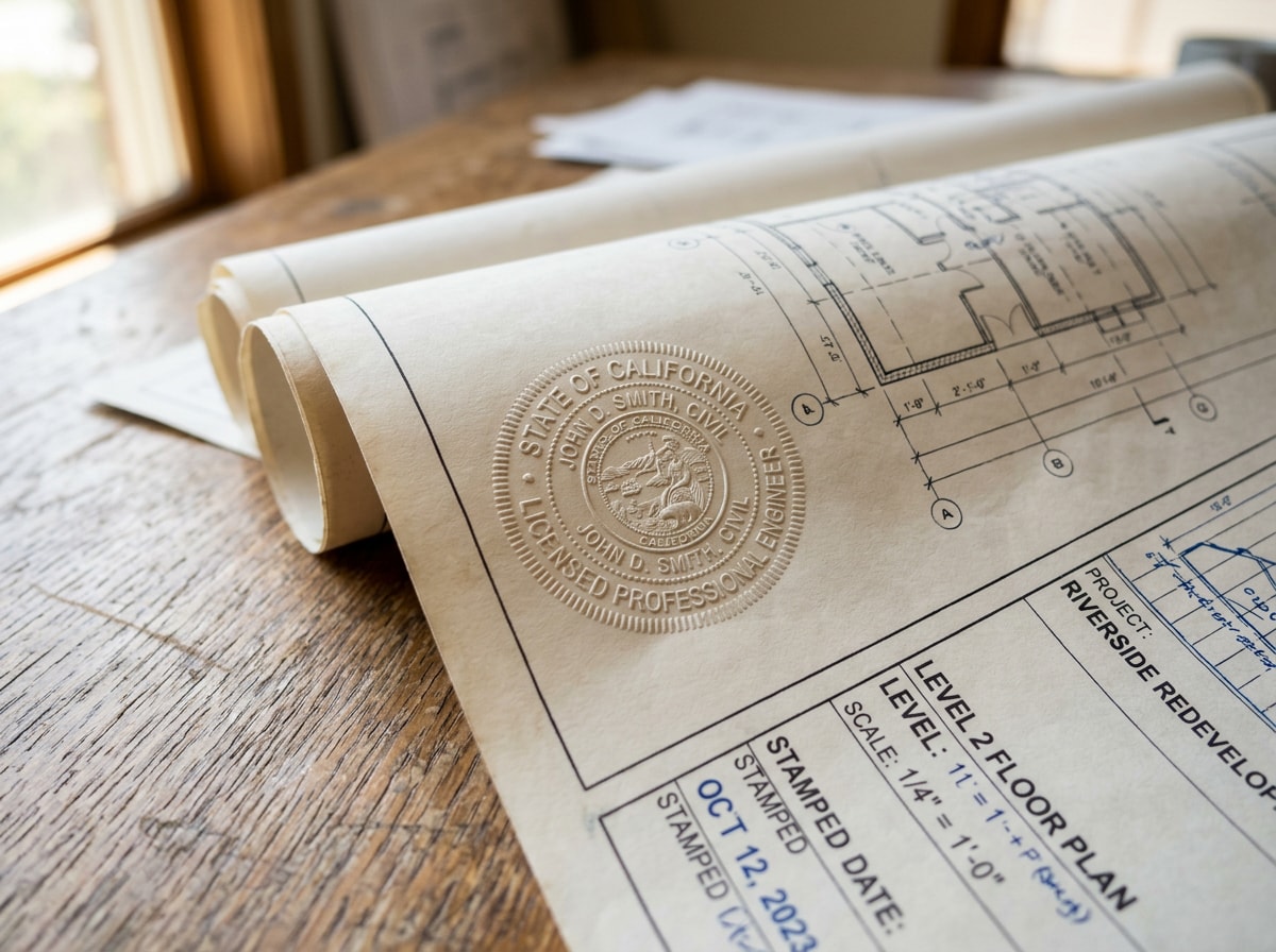 Close-up of a sealed engineering drawing stamp on a rolled construction blueprint