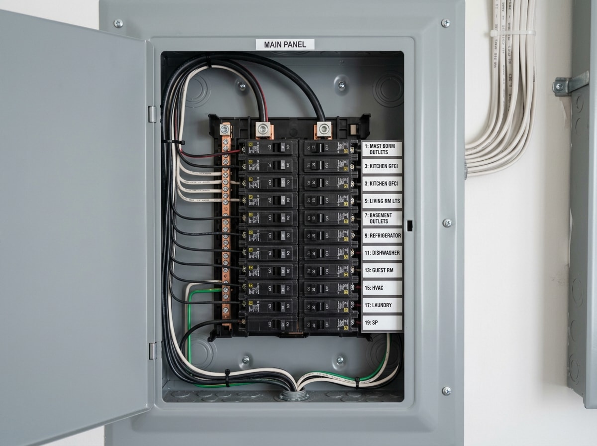 Updated residential electrical panel with labeled breakers in a renovated home