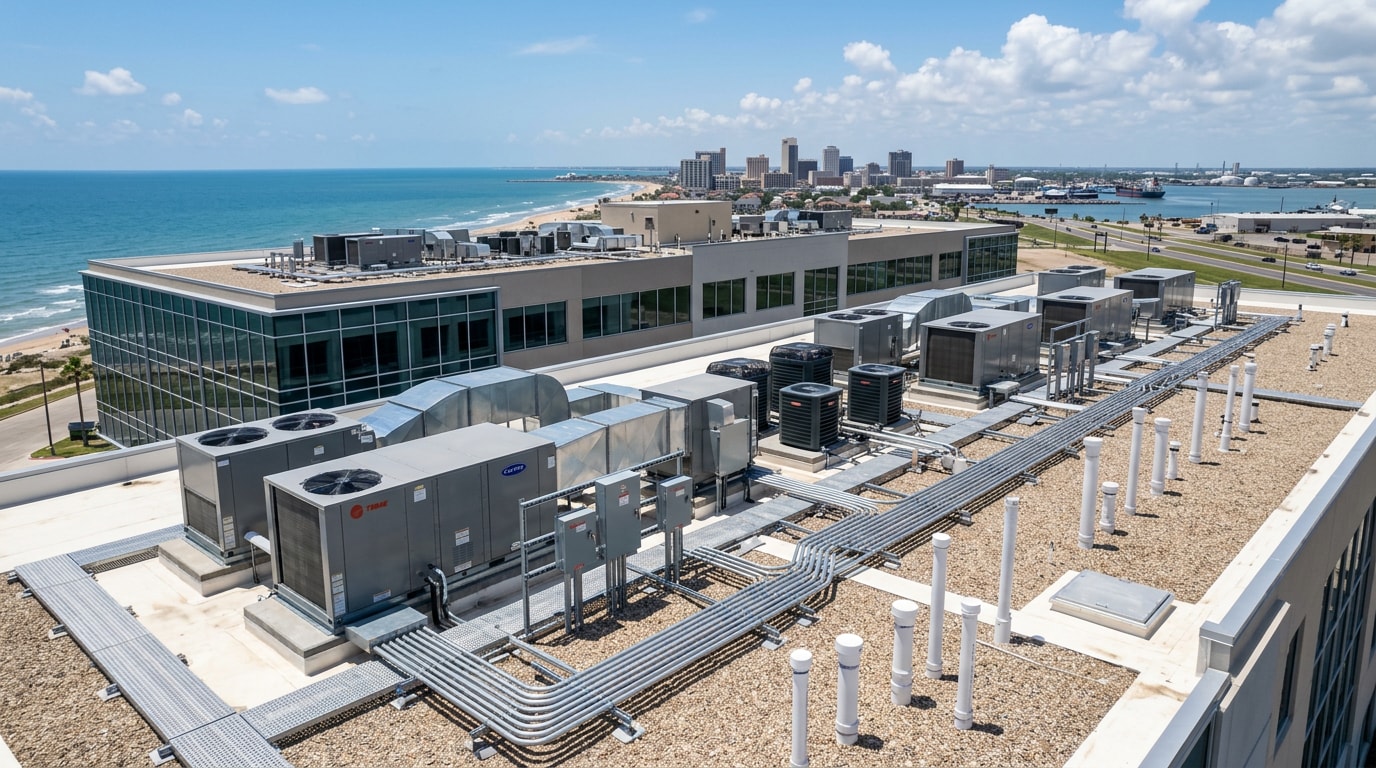 Rooftop mechanical, electrical, and plumbing systems on a commercial building in Corpus Christi, Texas Rooftop mechanical, electrical, and plumbing systems on a commercial building in Corpus Christi, Texas