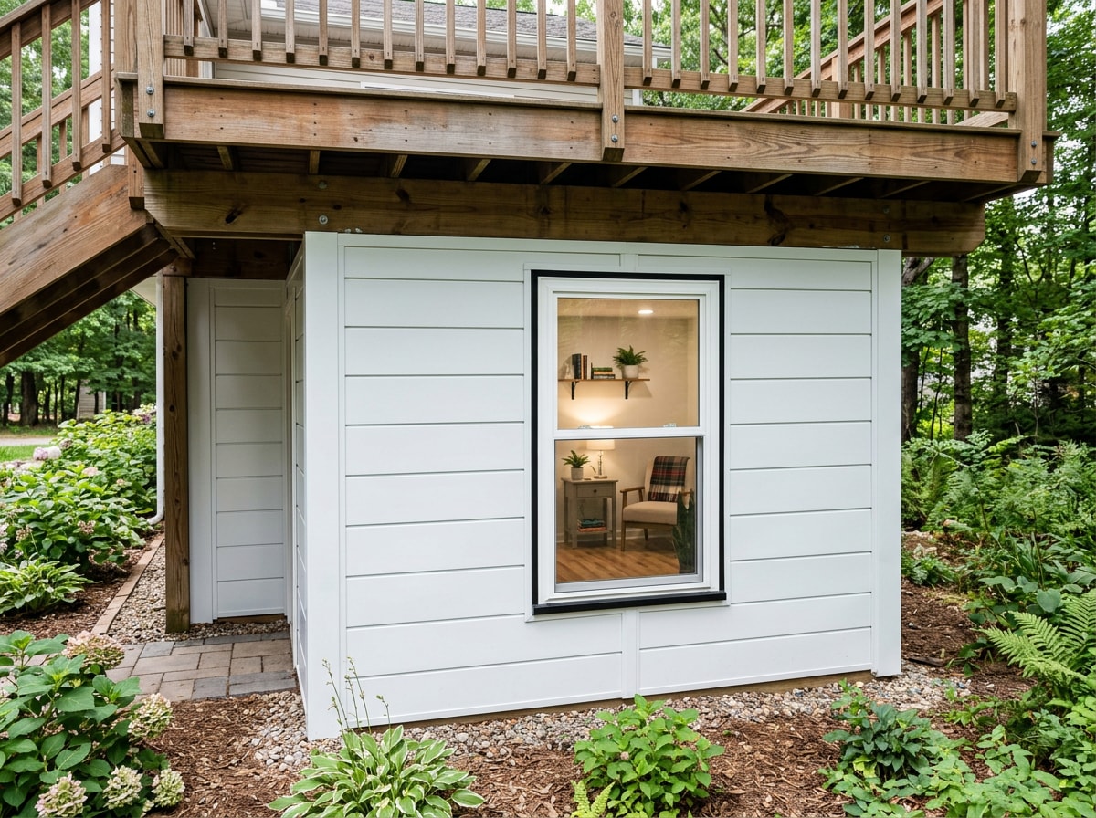 Finished walls-under porch enclosure beneath a raised deck with insulated panels and a window