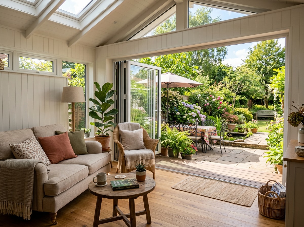 Finished enclosed porch conversion with bi-fold windows open and a seating area