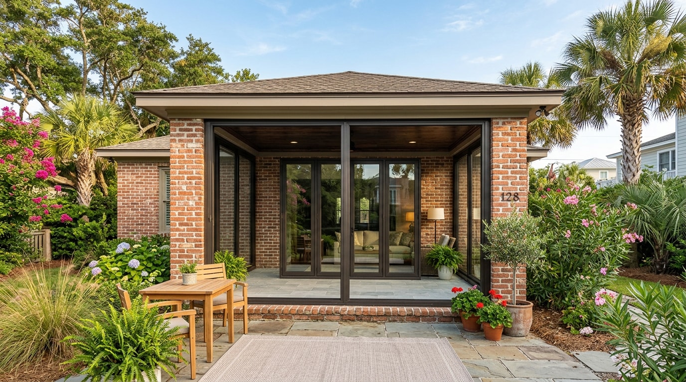 Enclosed porch conversion with aluminum bi-fold glass doors on a Portland, TX home Enclosed porch conversion with aluminum bi-fold glass doors on a Portland, TX home
