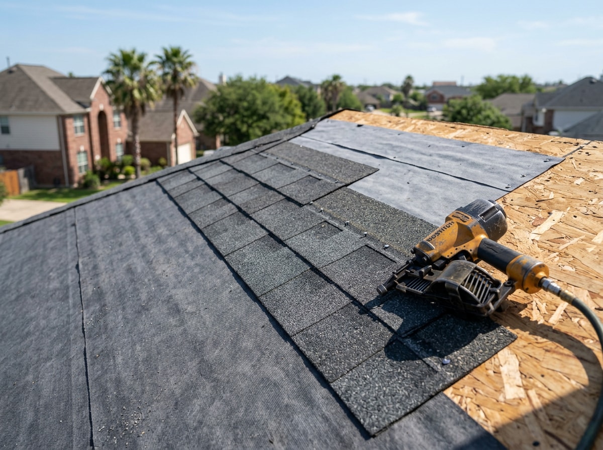 Crew installing wind-rated asphalt shingles on a Corpus Christi area roof