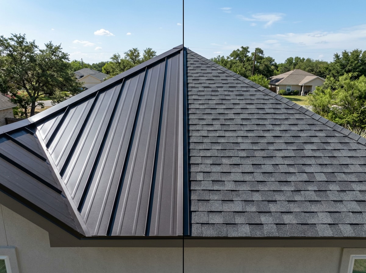 Side-by-side comparison of standing seam metal roofing and asphalt shingle roofing