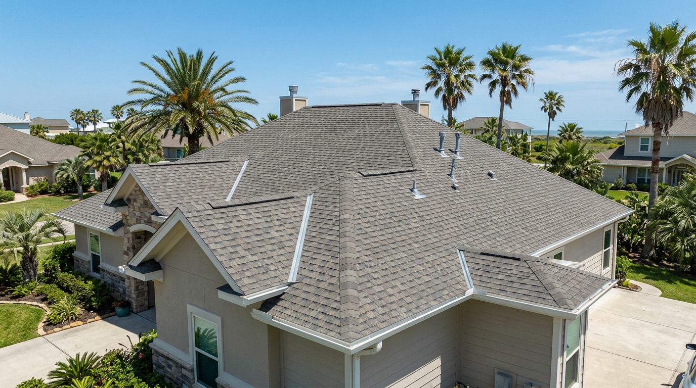 Finished residential roof on a Corpus Christi area home built for coastal wind exposure