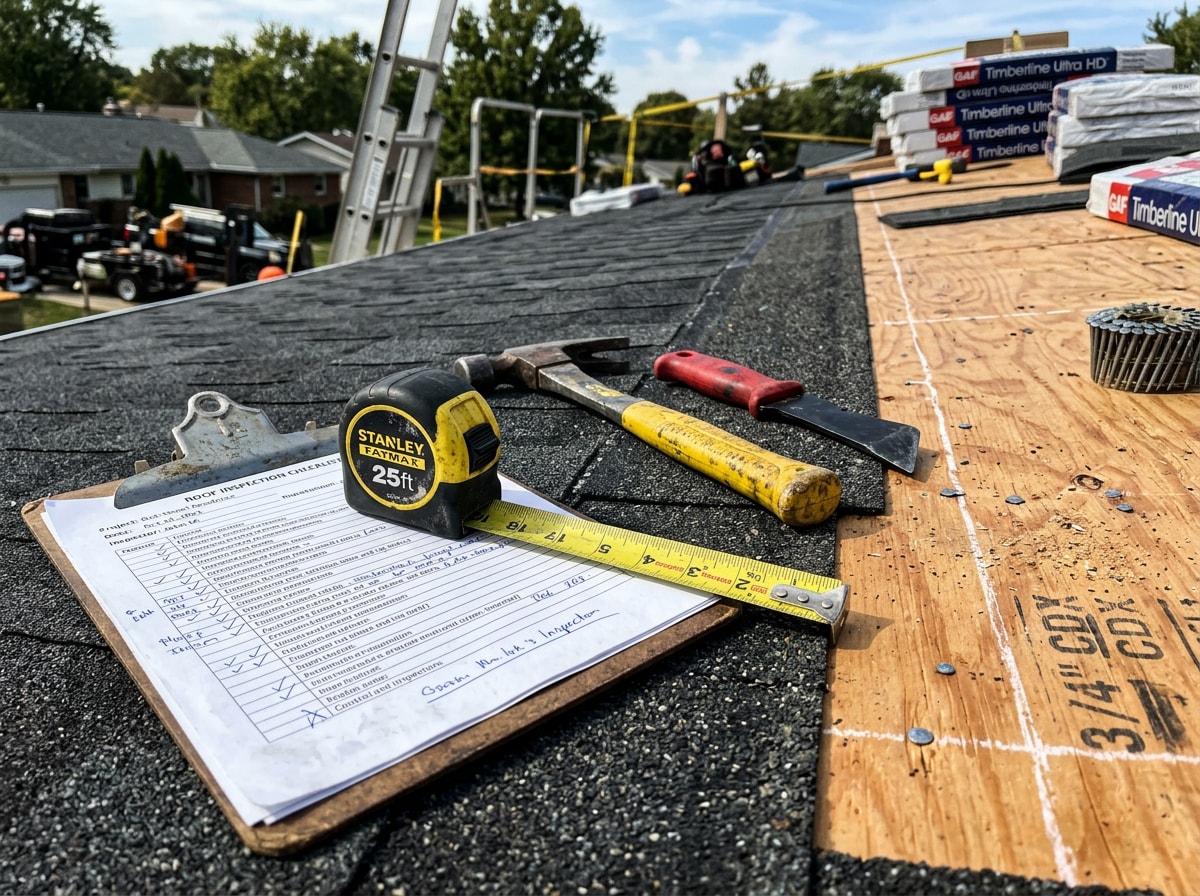 Roofing project manager reviewing installation details with crew on a jobsite