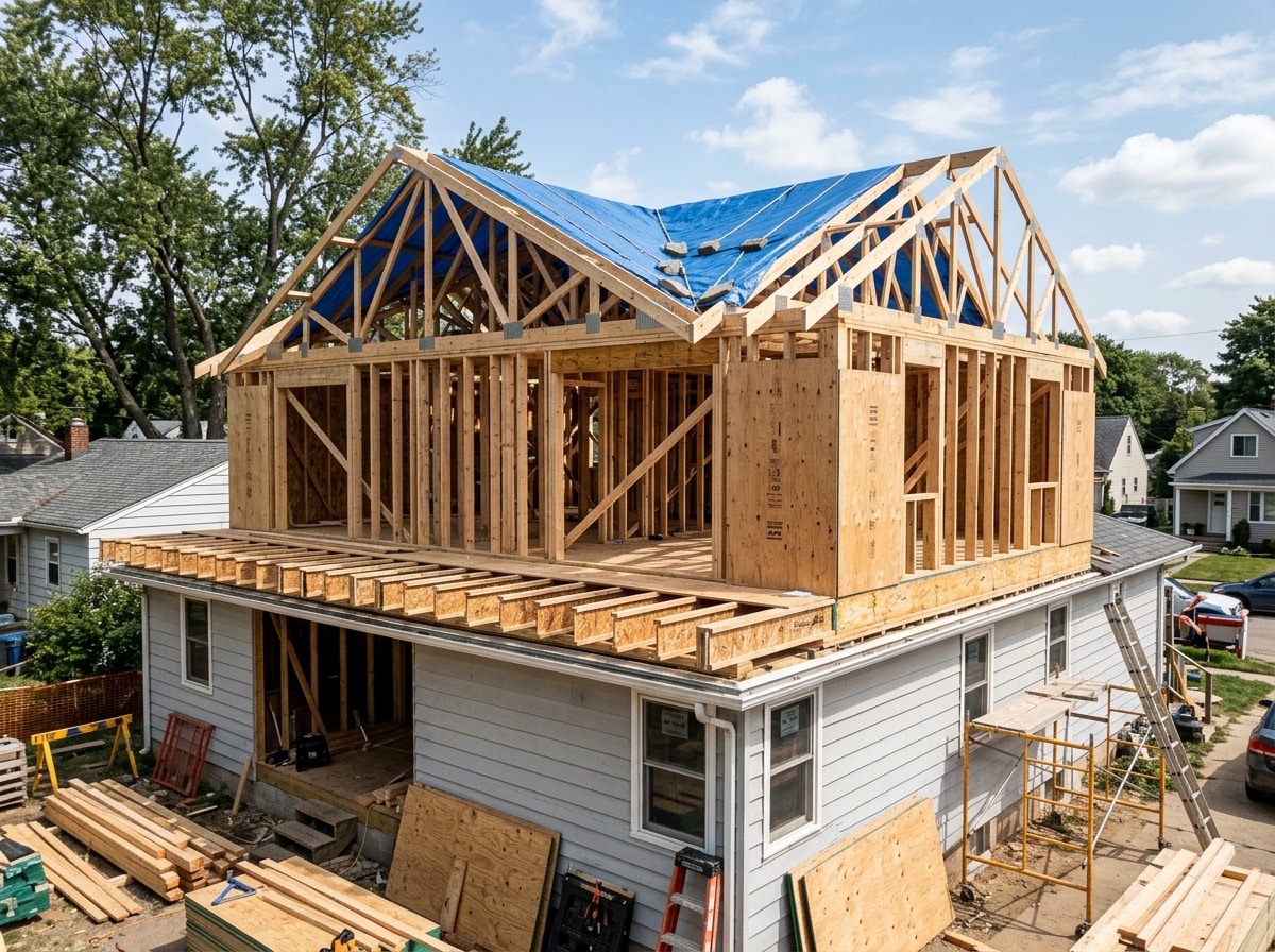 Second-story addition under construction with new floor framing above a single-story Texas home