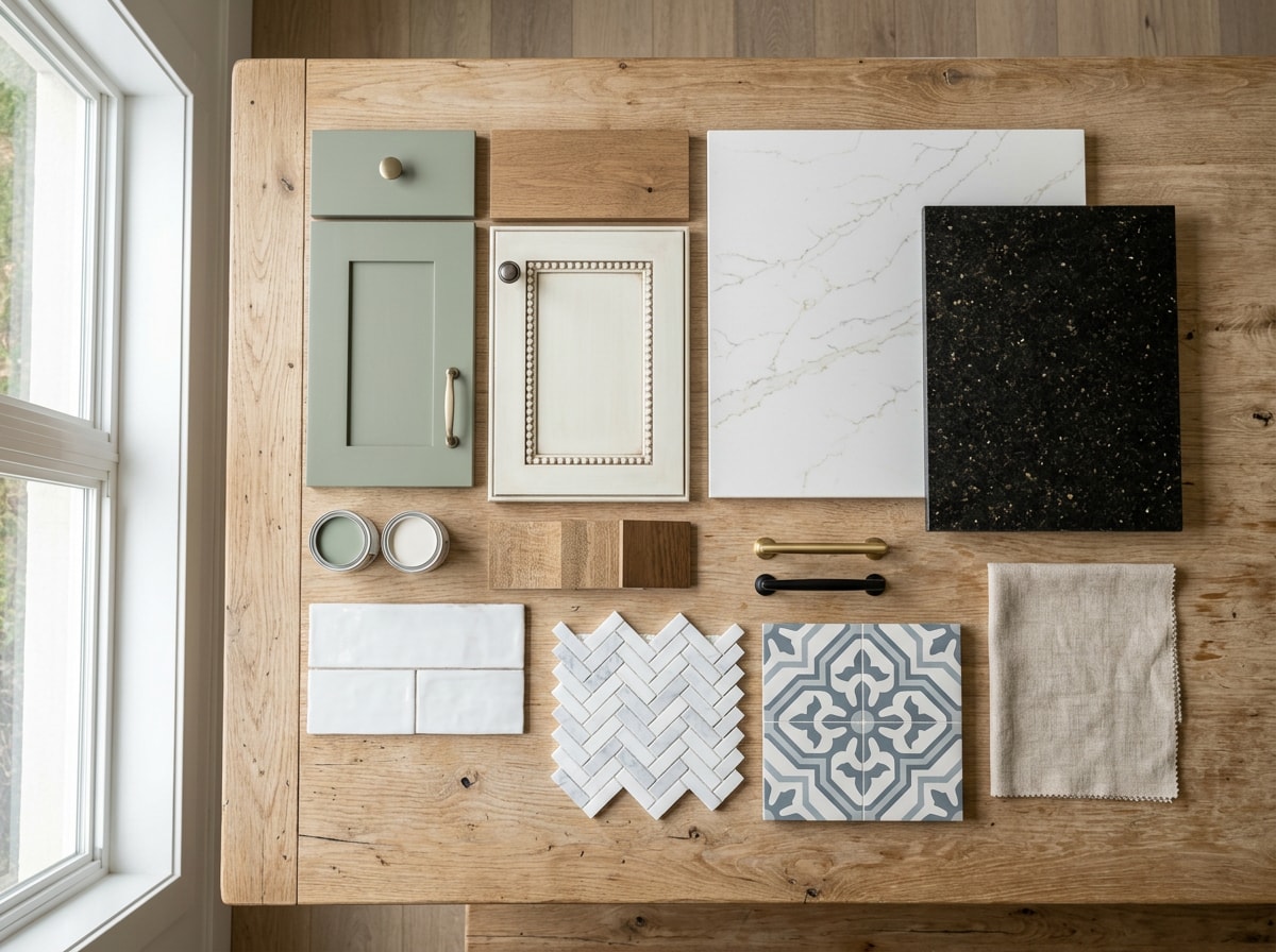 Semi-custom kitchen finish selection display with cabinetry and countertop samples