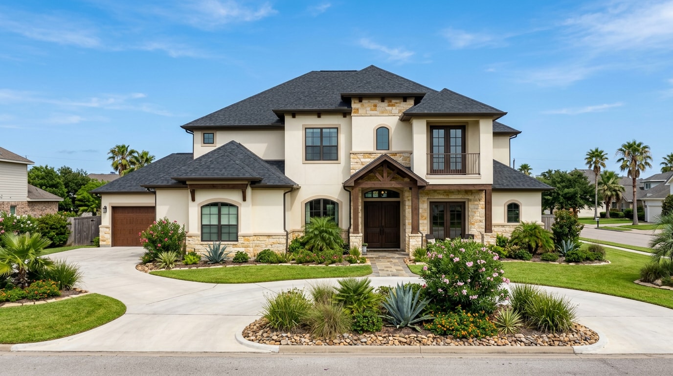 Newly built semi-custom home exterior in a Coastal Bend Texas neighborhood
