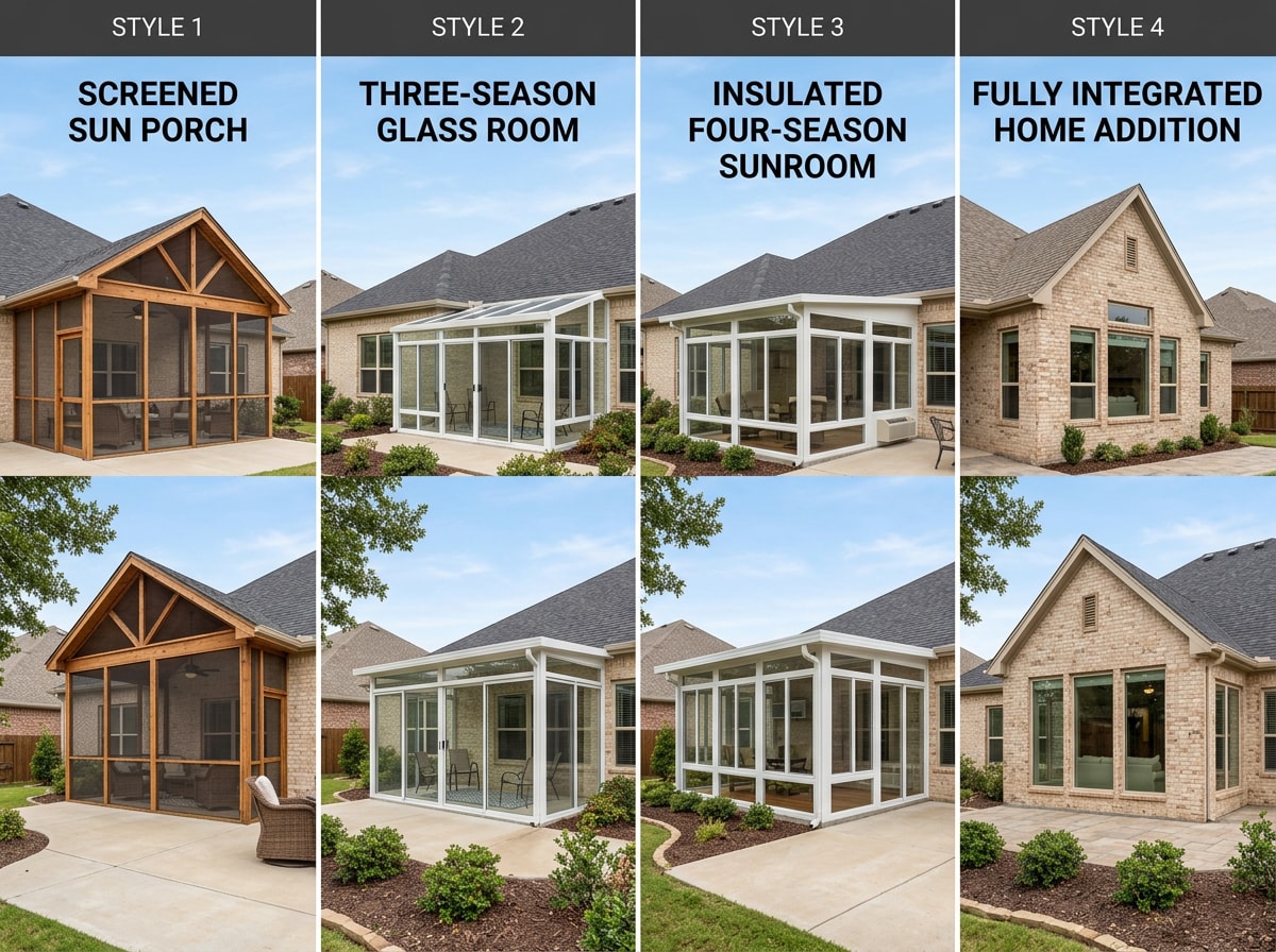 Four sunroom types shown side by side: screen room, three-season room, four-season room, and full addition