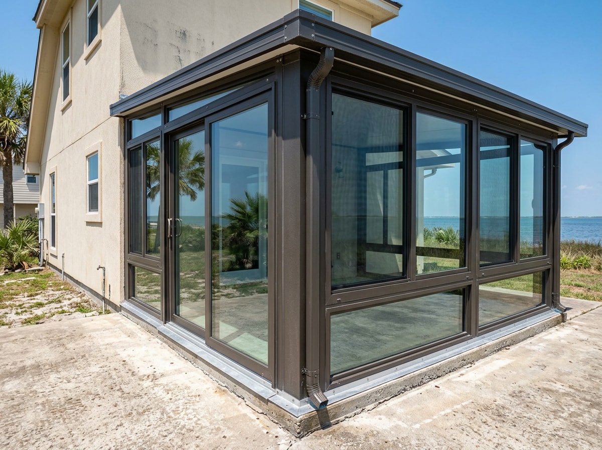 Completed four-season sunroom addition with impact-rated windows on a Flour Bluff, TX home