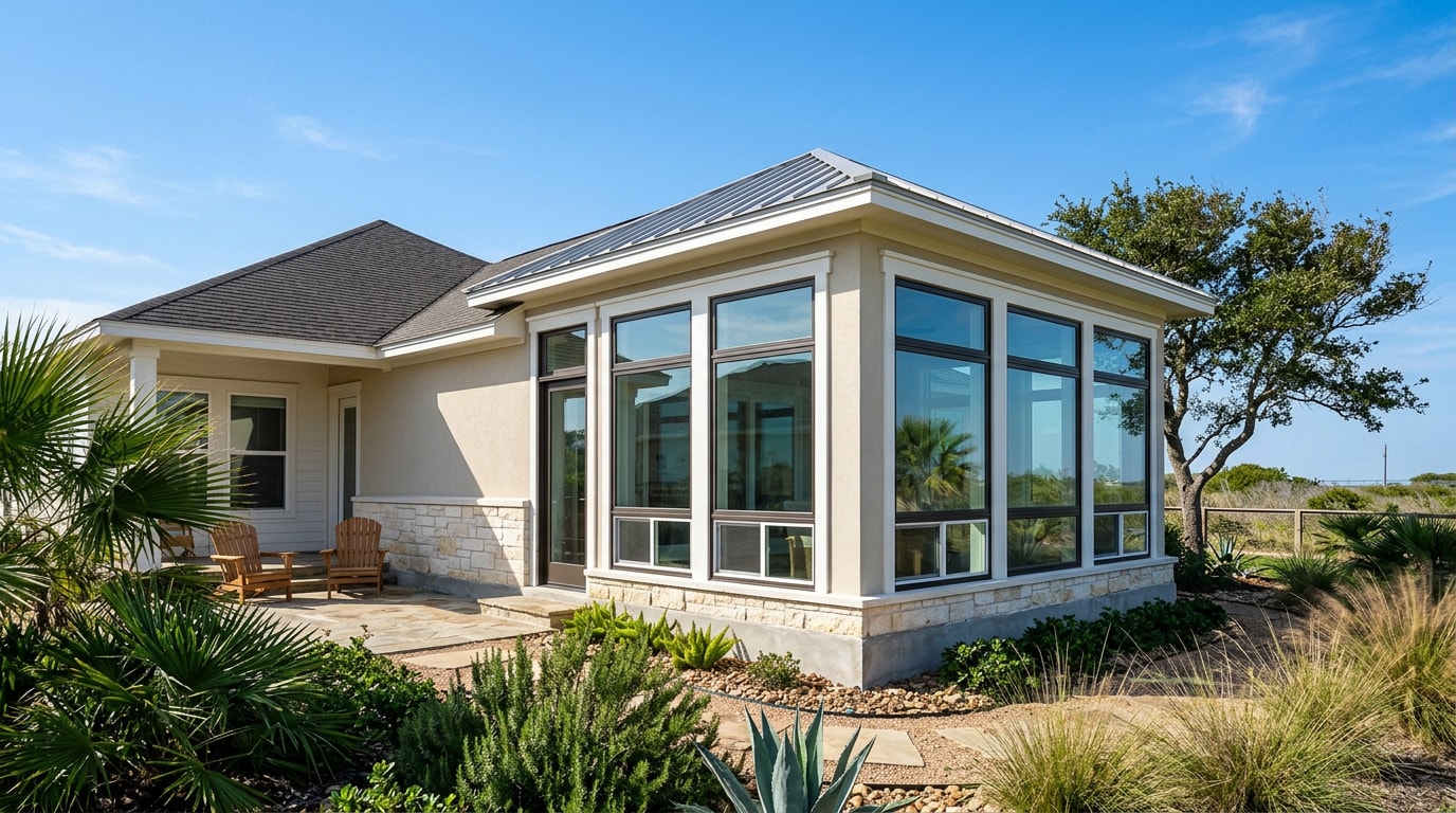 Finished sunroom addition with wind-rated windows on a Flour Bluff, TX coastal home