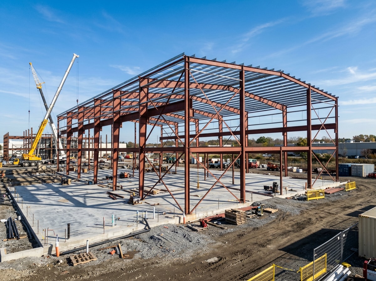 Steel-frame warehouse shell under construction with exposed structural beams