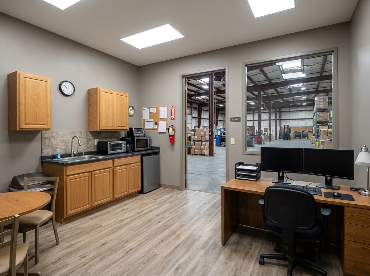 Finished office and break room interior inside a warehouse shell with new flooring and cabinetry