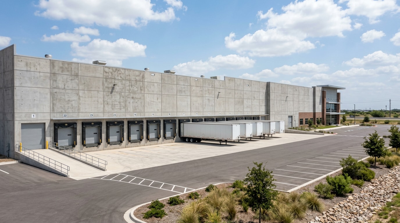 Finished tilt-wall warehouse building exterior with loading docks in South Texas