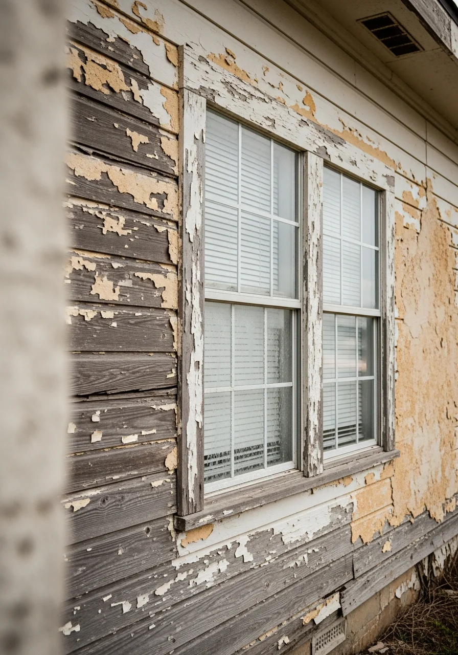 Close-up of weathered coastal property exterior showing salt-air effects and maintenance needs.