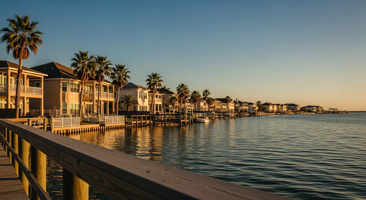 Coastal Corpus Christi neighborhood with waterfront homes and palm trees under clear blue sky.