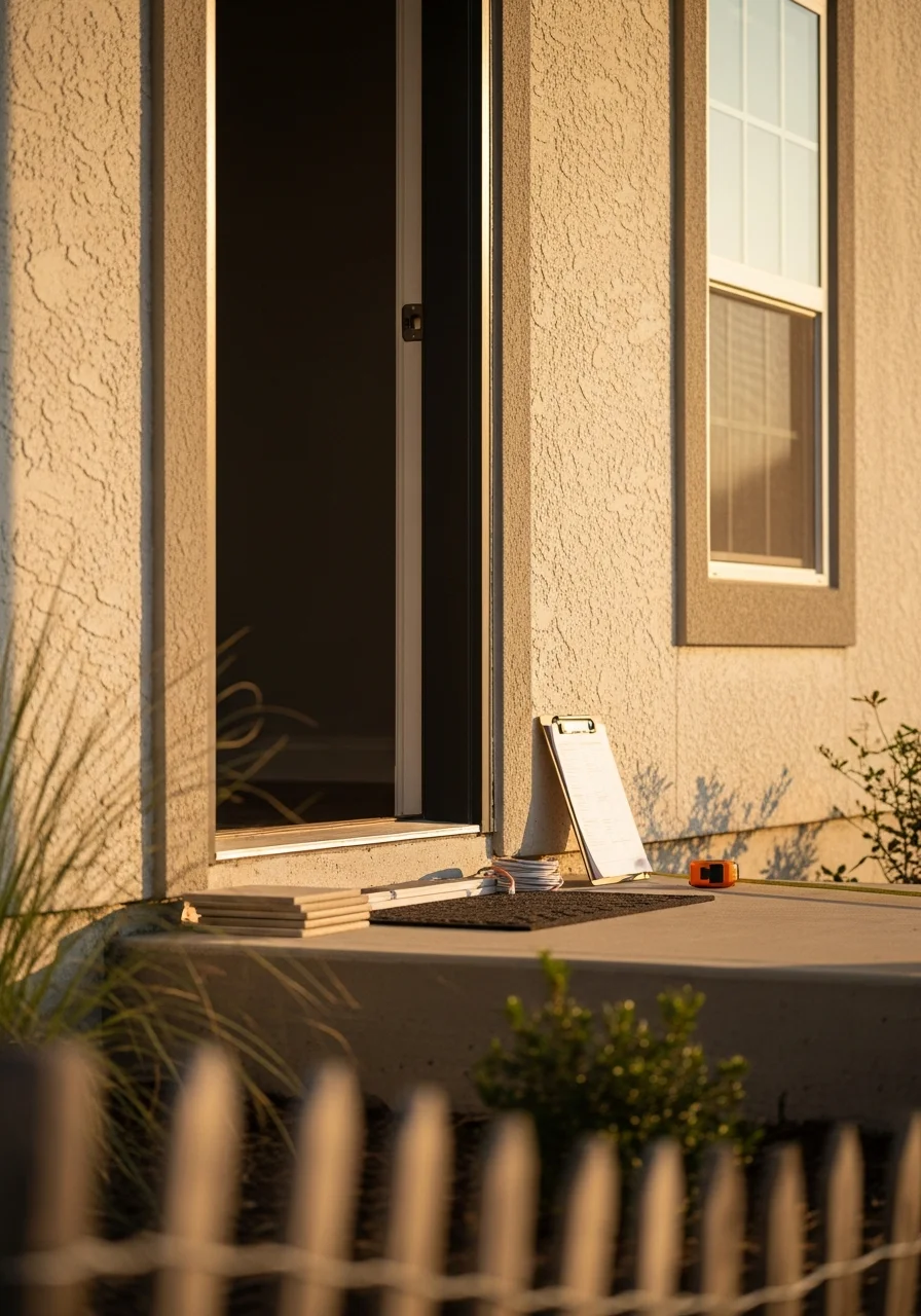 Technician performing property inspection on a Portland home with homeowner present.